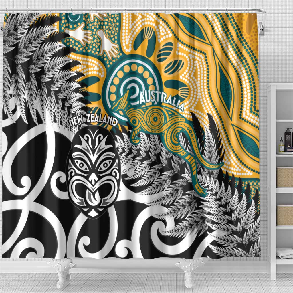New Zealand Australia Rugby Shower Curtain Wallabies Aboriginal All Black Maori Tiki Together - Aussie Hoodie