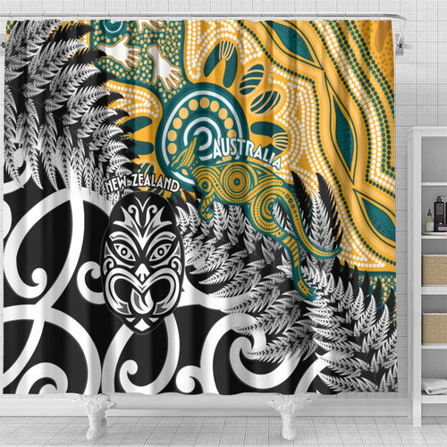 New Zealand Australia Rugby Shower Curtain Wallabies Aboriginal All Black Maori Tiki Together - Aussie Hoodie