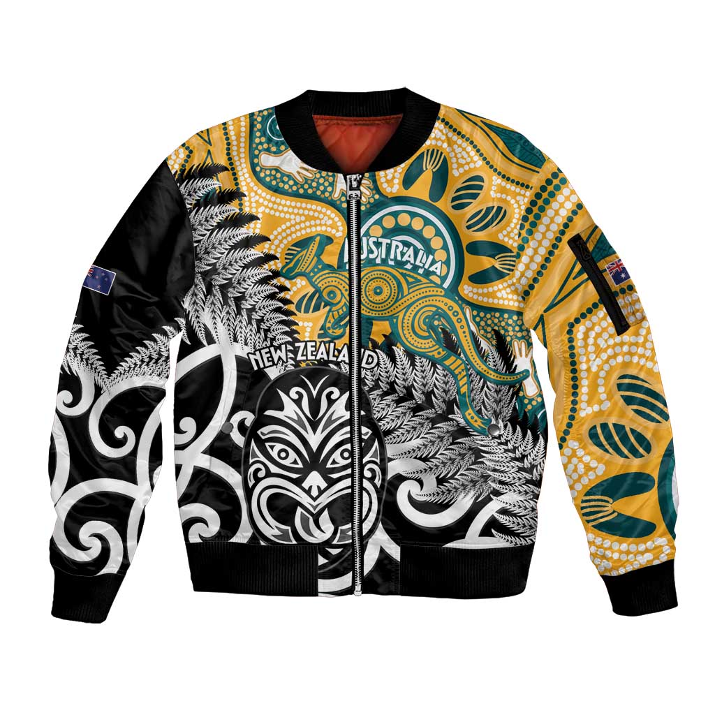 New Zealand Australia Rugby Custom Sleeve Zip Bomber Jacket Wallabies Aboriginal All Black Maori Tiki Together - Aussie Hoodie