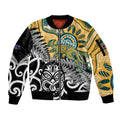 New Zealand Australia Rugby Custom Sleeve Zip Bomber Jacket Wallabies Aboriginal All Black Maori Tiki Together - Aussie Hoodie
