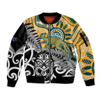 New Zealand Australia Rugby Custom Sleeve Zip Bomber Jacket Wallabies Aboriginal All Black Maori Tiki Together - Aussie Hoodie