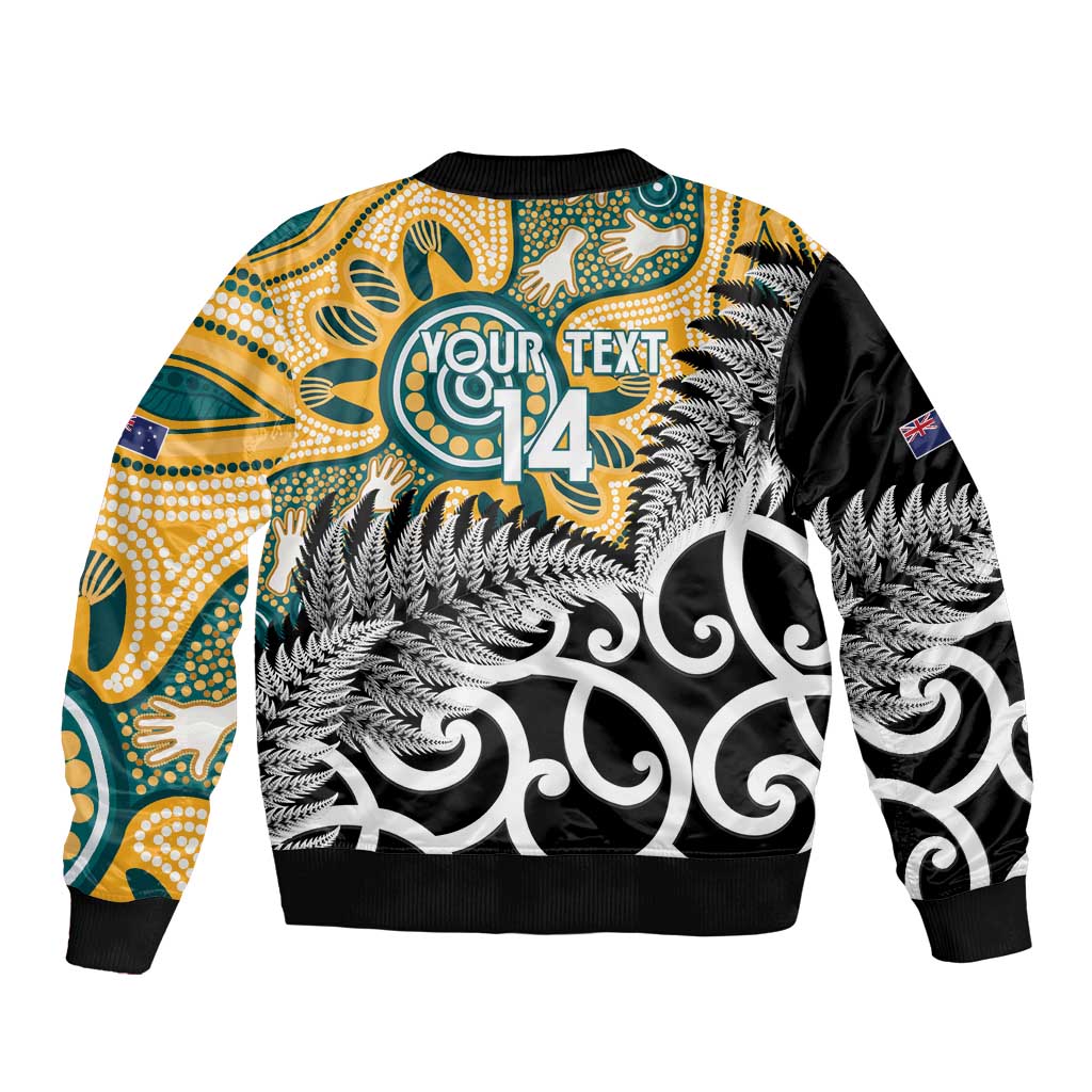New Zealand Australia Rugby Custom Sleeve Zip Bomber Jacket Wallabies Aboriginal All Black Maori Tiki Together - Aussie Hoodie