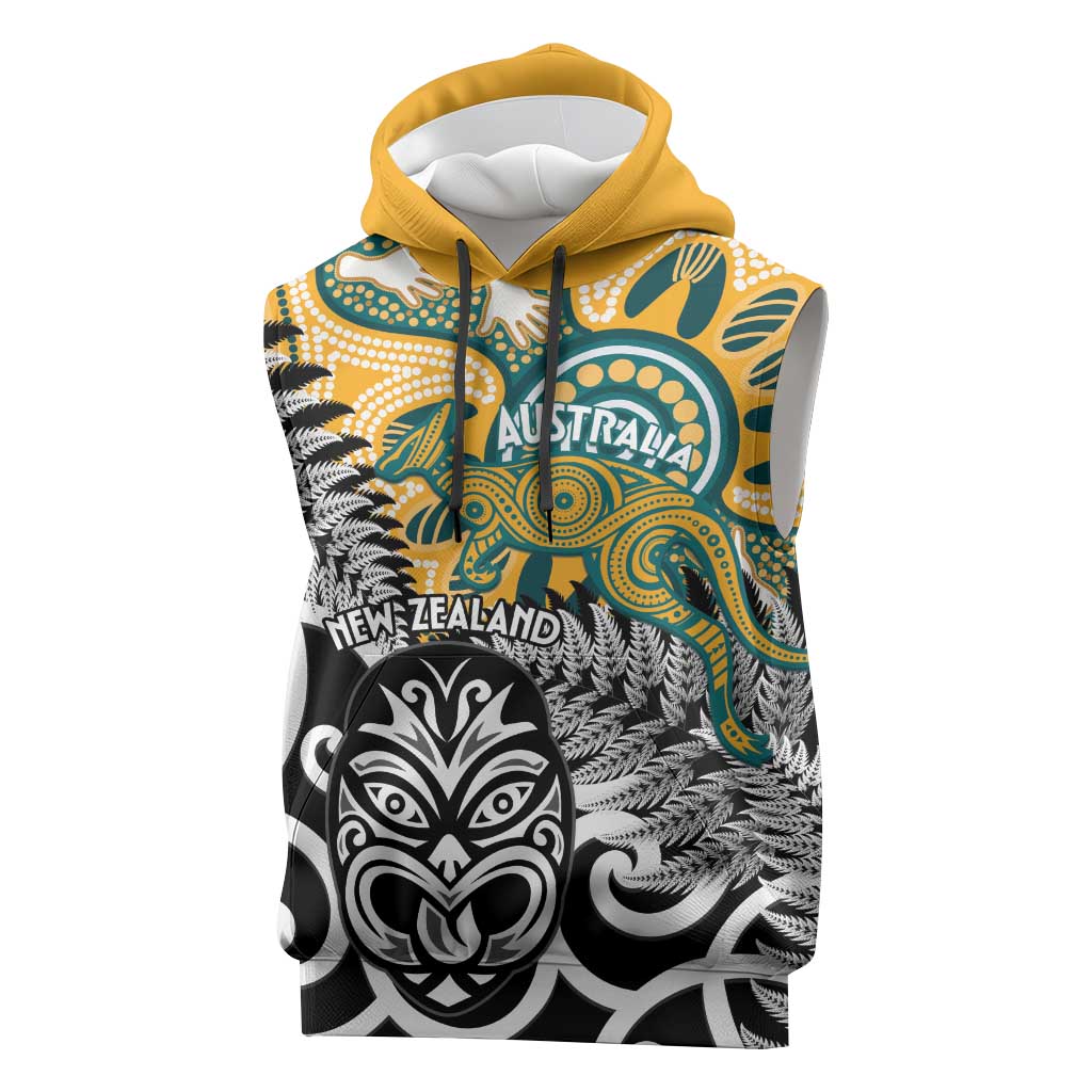 New Zealand Australia Rugby Custom Sleeveless Hoodie Wallabies Aboriginal All Black Maori Tiki Together - Aussie Hoodie