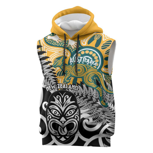 New Zealand Australia Rugby Custom Sleeveless Hoodie Wallabies Aboriginal All Black Maori Tiki Together - Aussie Hoodie