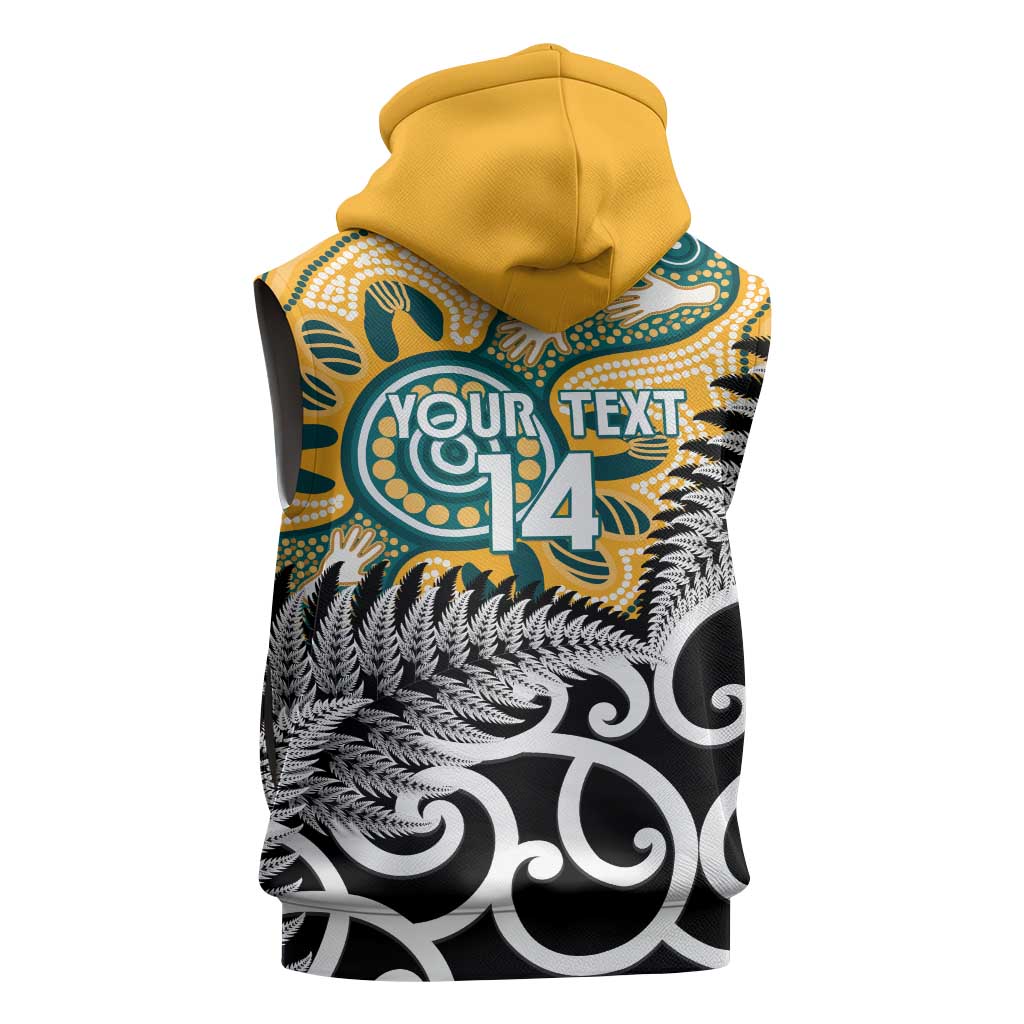 New Zealand Australia Rugby Custom Sleeveless Hoodie Wallabies Aboriginal All Black Maori Tiki Together - Aussie Hoodie