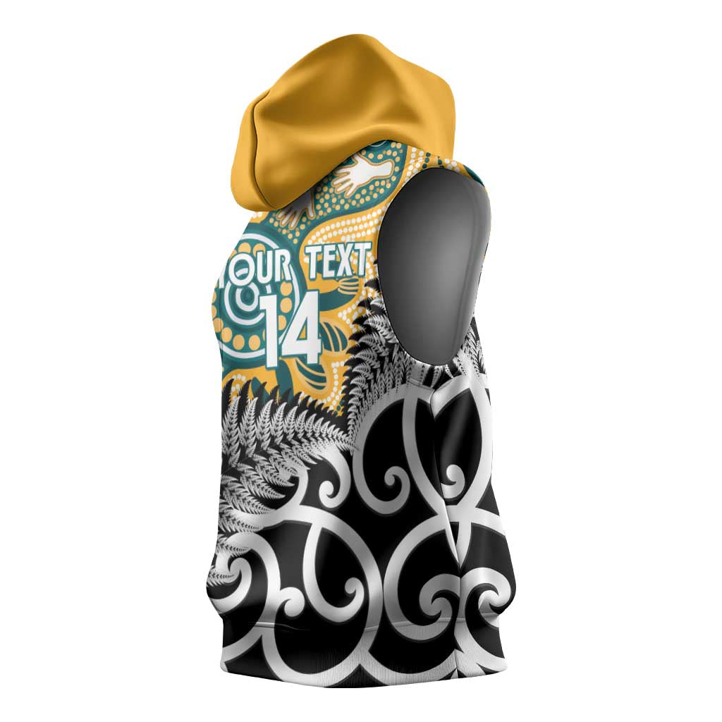 New Zealand Australia Rugby Custom Sleeveless Hoodie Wallabies Aboriginal All Black Maori Tiki Together - Aussie Hoodie