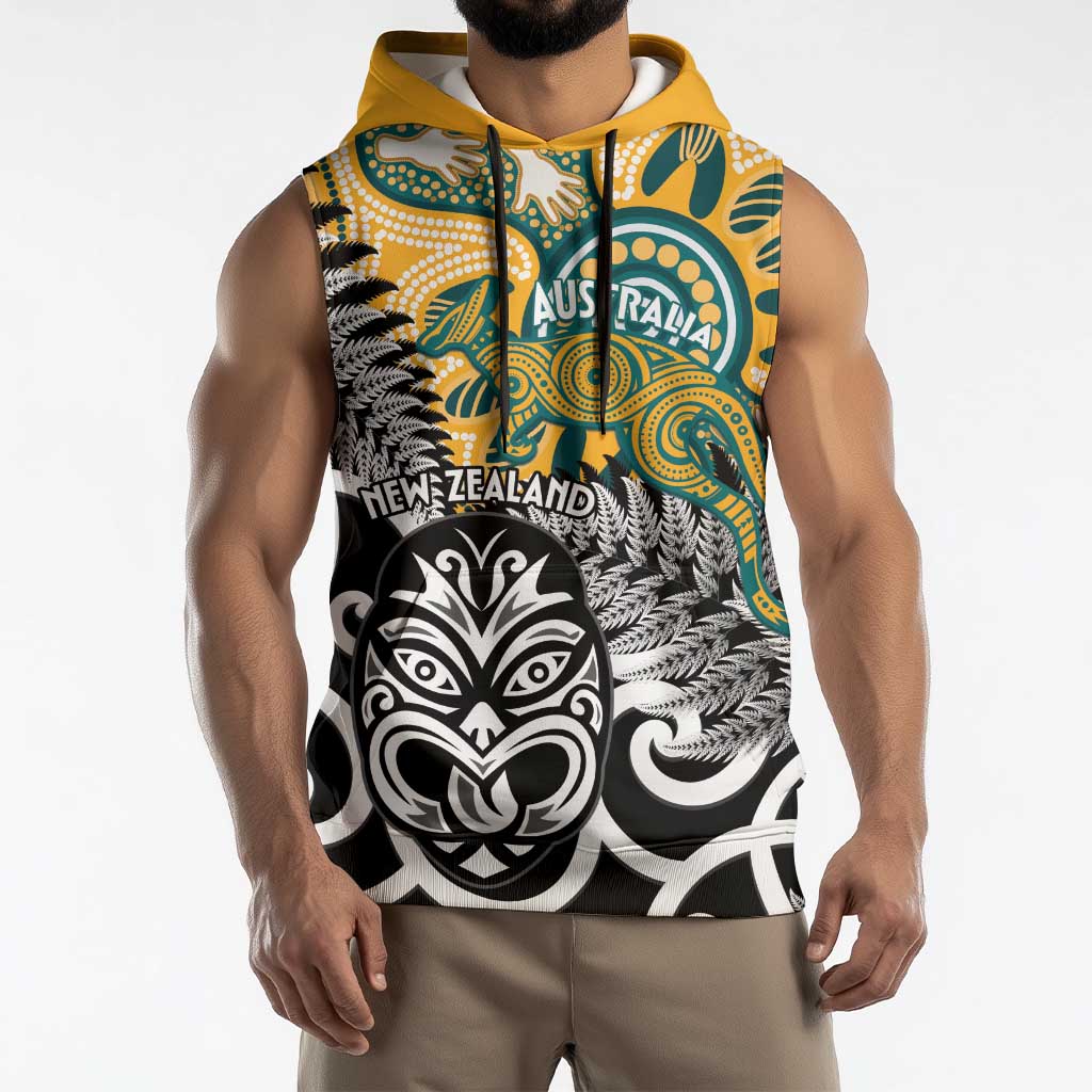 New Zealand Australia Rugby Custom Sleeveless Hoodie Wallabies Aboriginal All Black Maori Tiki Together - Aussie Hoodie