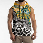 New Zealand Australia Rugby Custom Sleeveless Hoodie Wallabies Aboriginal All Black Maori Tiki Together - Aussie Hoodie