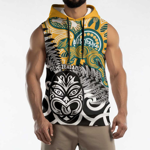 New Zealand Australia Rugby Custom Sleeveless Hoodie Wallabies Aboriginal All Black Maori Tiki Together - Aussie Hoodie