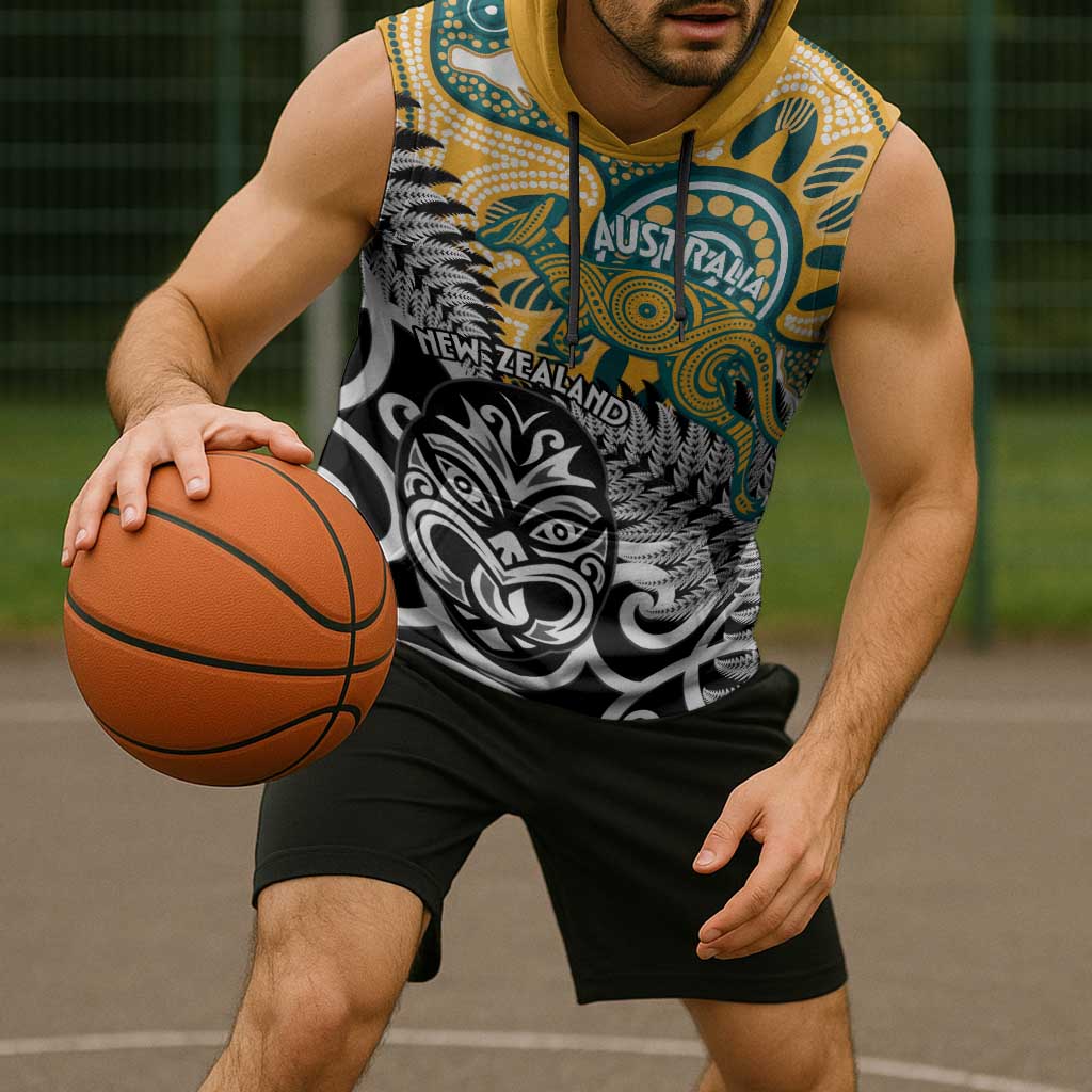 New Zealand Australia Rugby Custom Sleeveless Hoodie Wallabies Aboriginal All Black Maori Tiki Together - Aussie Hoodie