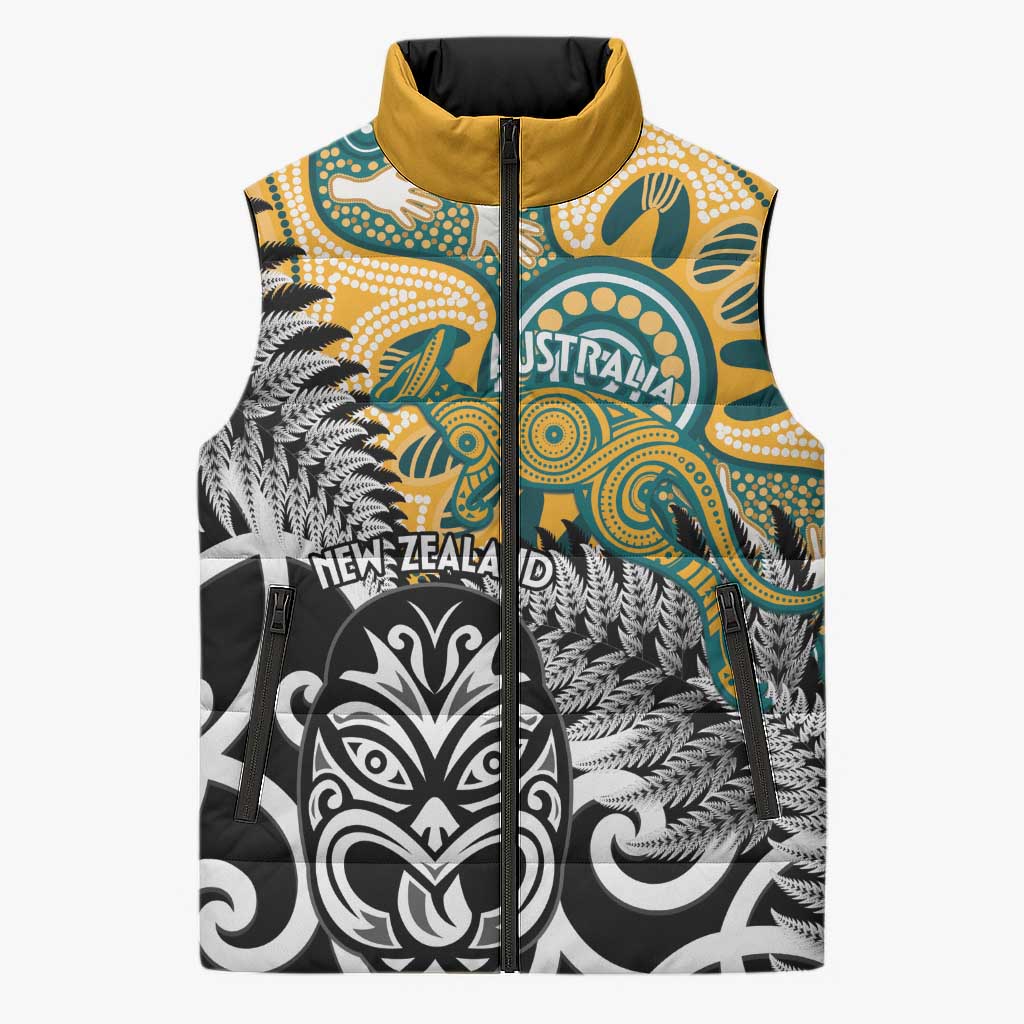 New Zealand Australia Rugby Custom Sleeveless Puffer Jacket Wallabies Aboriginal All Black Maori Tiki Together - Aussie Hoodie