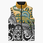 New Zealand Australia Rugby Custom Sleeveless Puffer Jacket Wallabies Aboriginal All Black Maori Tiki Together - Aussie Hoodie