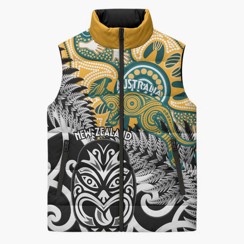 New Zealand Australia Rugby Custom Sleeveless Puffer Jacket Wallabies Aboriginal All Black Maori Tiki Together - Aussie Hoodie