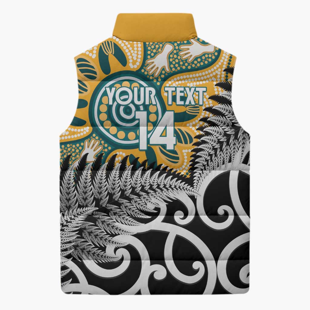 New Zealand Australia Rugby Custom Sleeveless Puffer Jacket Wallabies Aboriginal All Black Maori Tiki Together - Aussie Hoodie