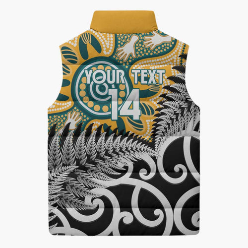 New Zealand Australia Rugby Custom Sleeveless Puffer Jacket Wallabies Aboriginal All Black Maori Tiki Together - Aussie Hoodie