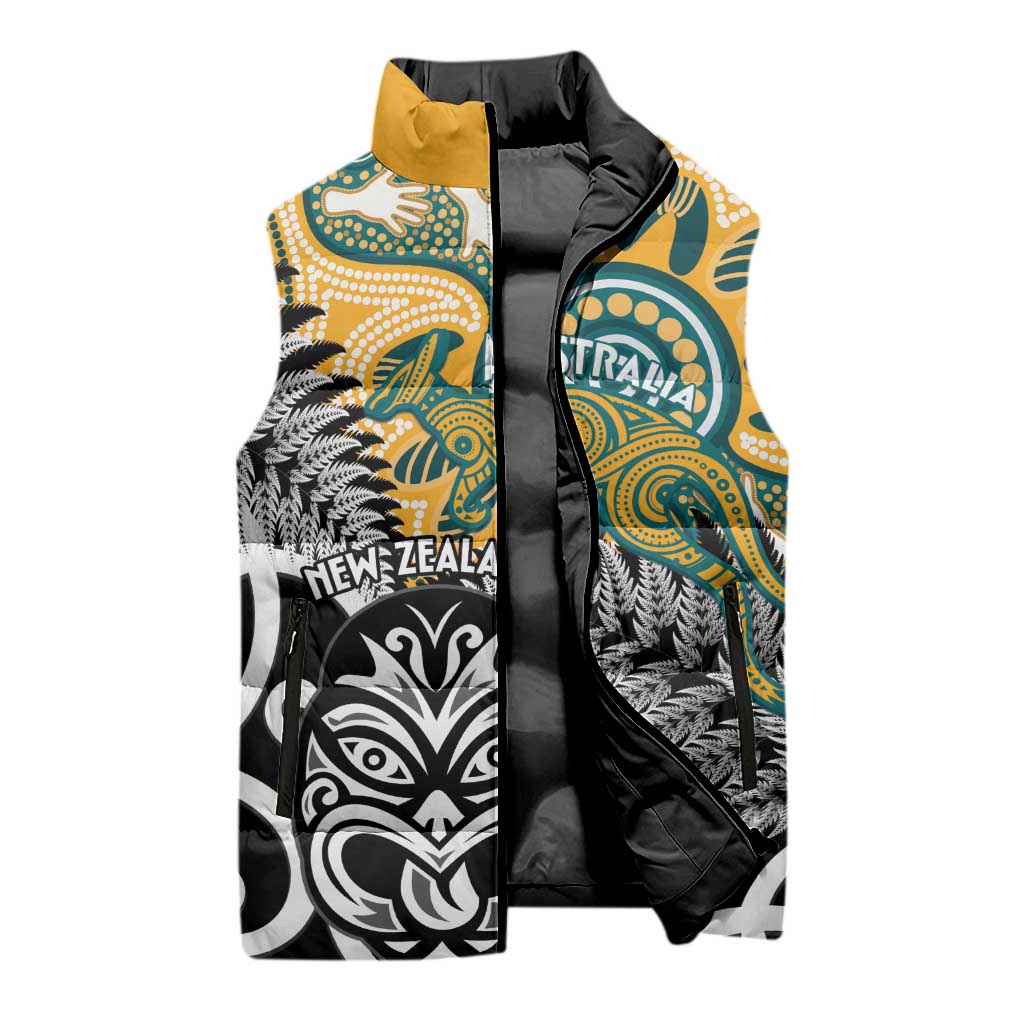 New Zealand Australia Rugby Custom Sleeveless Puffer Jacket Wallabies Aboriginal All Black Maori Tiki Together - Aussie Hoodie