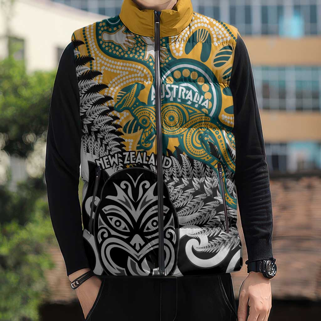 New Zealand Australia Rugby Custom Sleeveless Puffer Jacket Wallabies Aboriginal All Black Maori Tiki Together - Aussie Hoodie