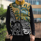 New Zealand Australia Rugby Custom Sleeveless Puffer Jacket Wallabies Aboriginal All Black Maori Tiki Together - Aussie Hoodie