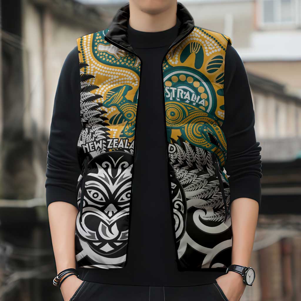 New Zealand Australia Rugby Custom Sleeveless Puffer Jacket Wallabies Aboriginal All Black Maori Tiki Together - Aussie Hoodie