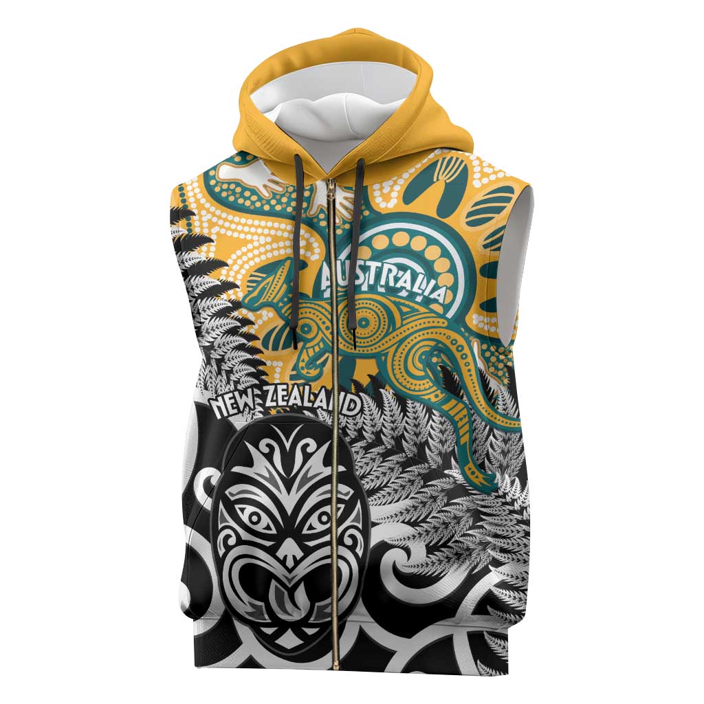 New Zealand Australia Rugby Custom Sleeveless Zip Hoodie Wallabies Aboriginal All Black Maori Tiki Together - Aussie Hoodie