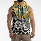 New Zealand Australia Rugby Custom Sleeveless Zip Hoodie Wallabies Aboriginal All Black Maori Tiki Together LT14