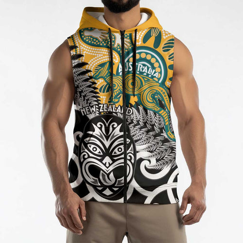 New Zealand Australia Rugby Custom Sleeveless Zip Hoodie Wallabies Aboriginal All Black Maori Tiki Together LT14