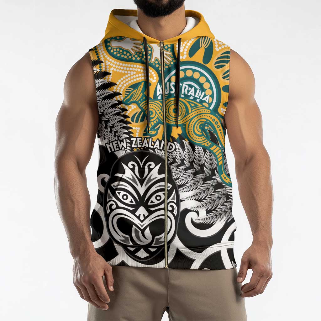 New Zealand Australia Rugby Custom Sleeveless Zip Hoodie Wallabies Aboriginal All Black Maori Tiki Together - Aussie Hoodie