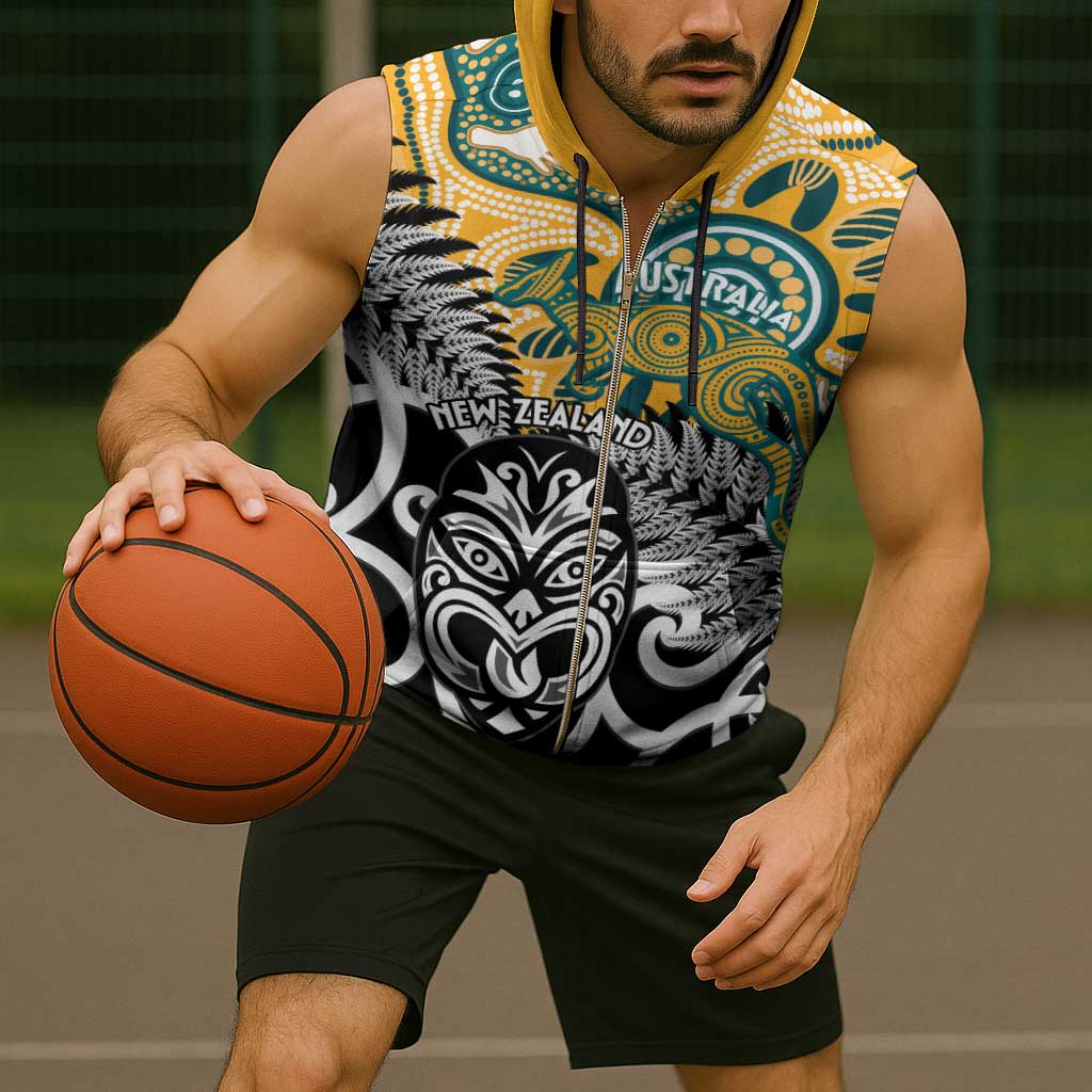 New Zealand Australia Rugby Custom Sleeveless Zip Hoodie Wallabies Aboriginal All Black Maori Tiki Together - Aussie Hoodie