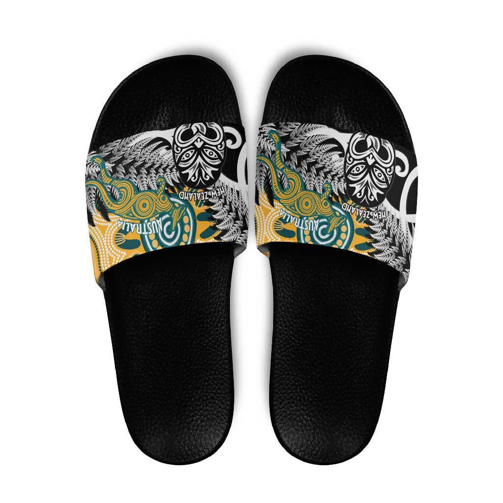 New Zealand Australia Rugby Slide Sandals Wallabies Aboriginal All Black Maori Tiki Together - Aussie Hoodie