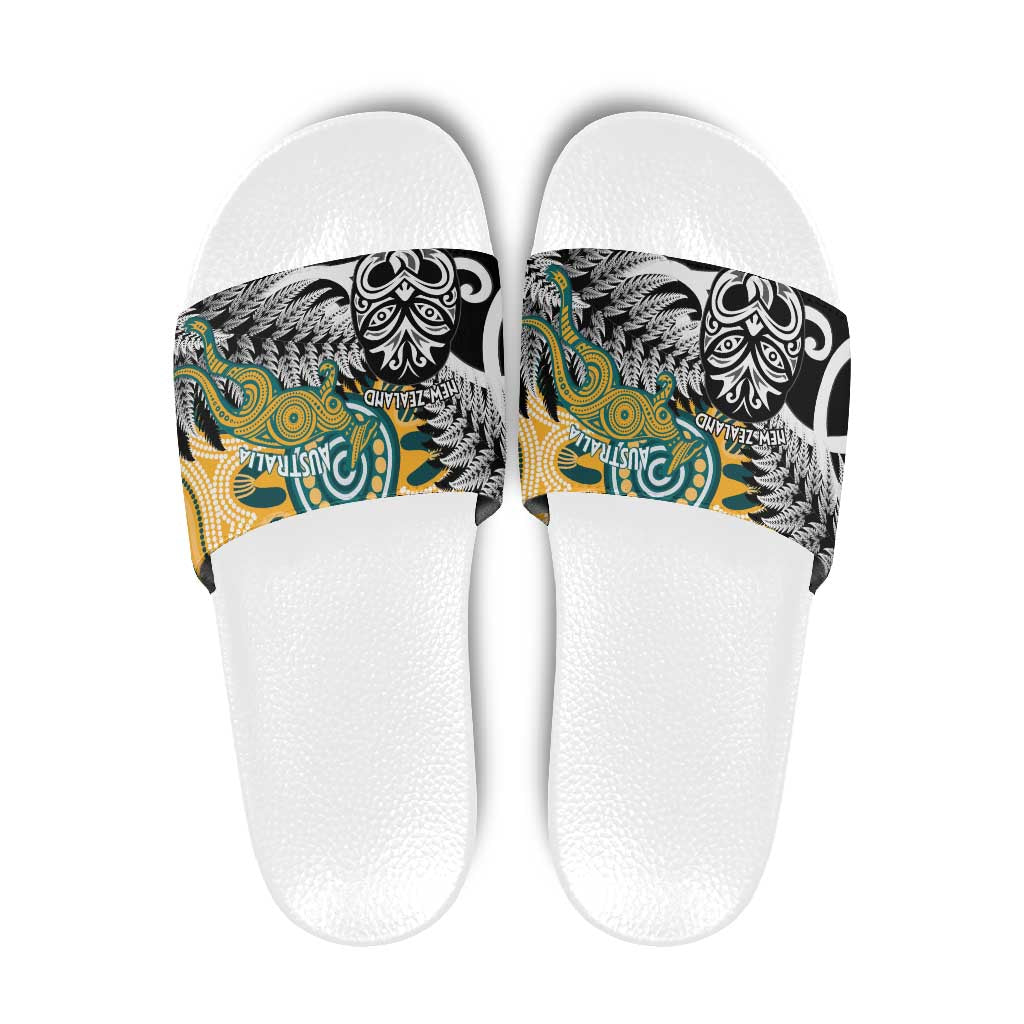 New Zealand Australia Rugby Slide Sandals Wallabies Aboriginal All Black Maori Tiki Together - Aussie Hoodie