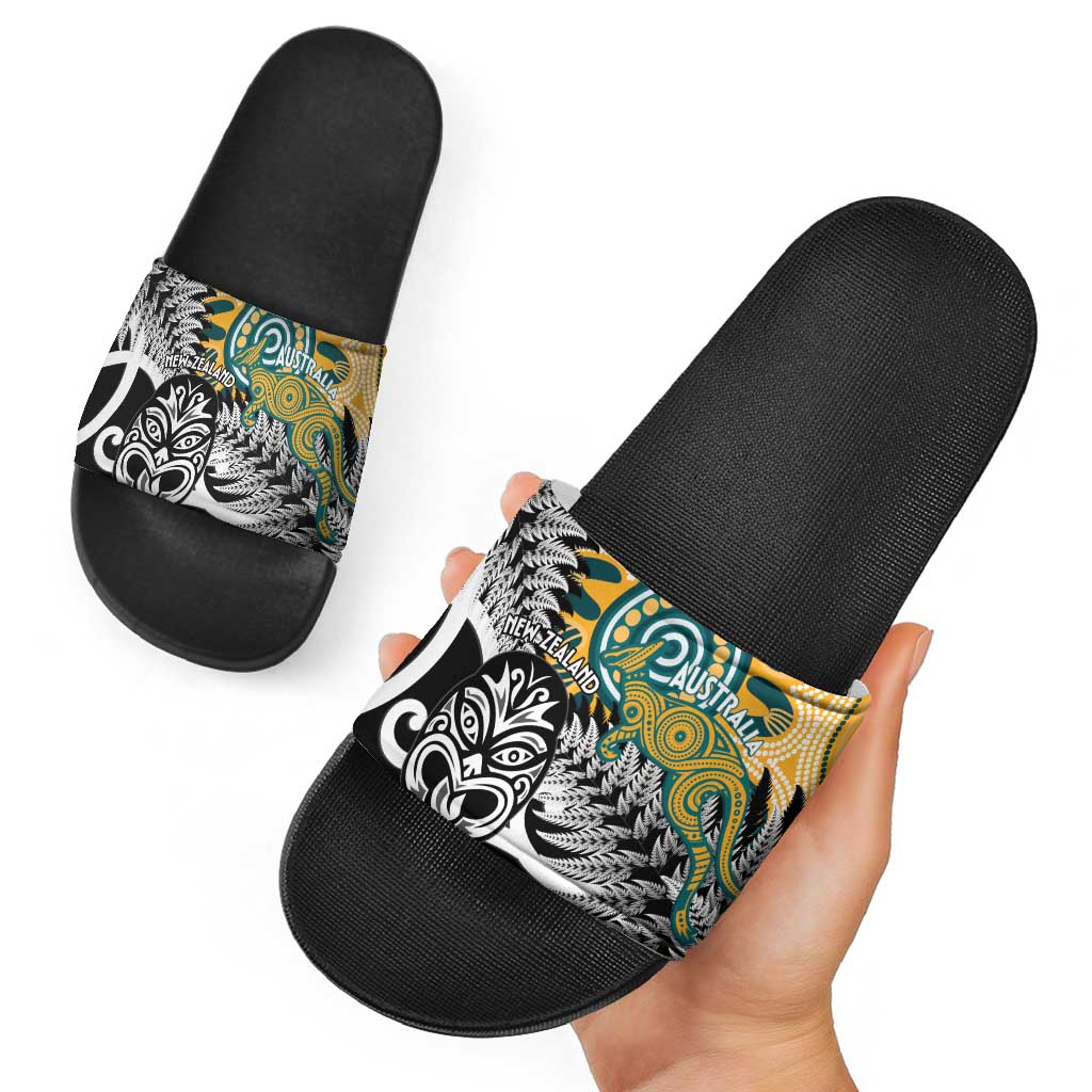 New Zealand Australia Rugby Slide Sandals Wallabies Aboriginal All Black Maori Tiki Together - Aussie Hoodie