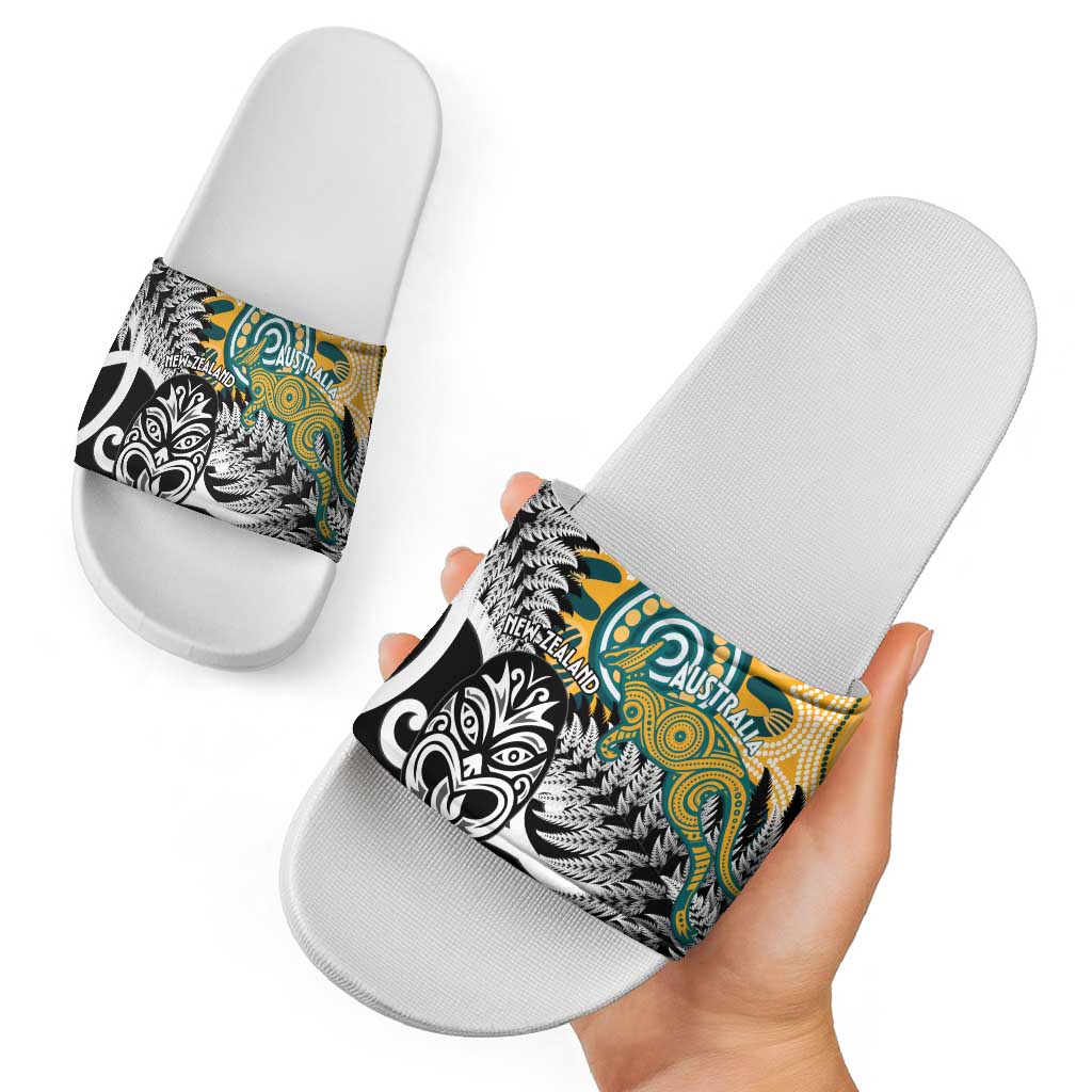 New Zealand Australia Rugby Slide Sandals Wallabies Aboriginal All Black Maori Tiki Together - Aussie Hoodie