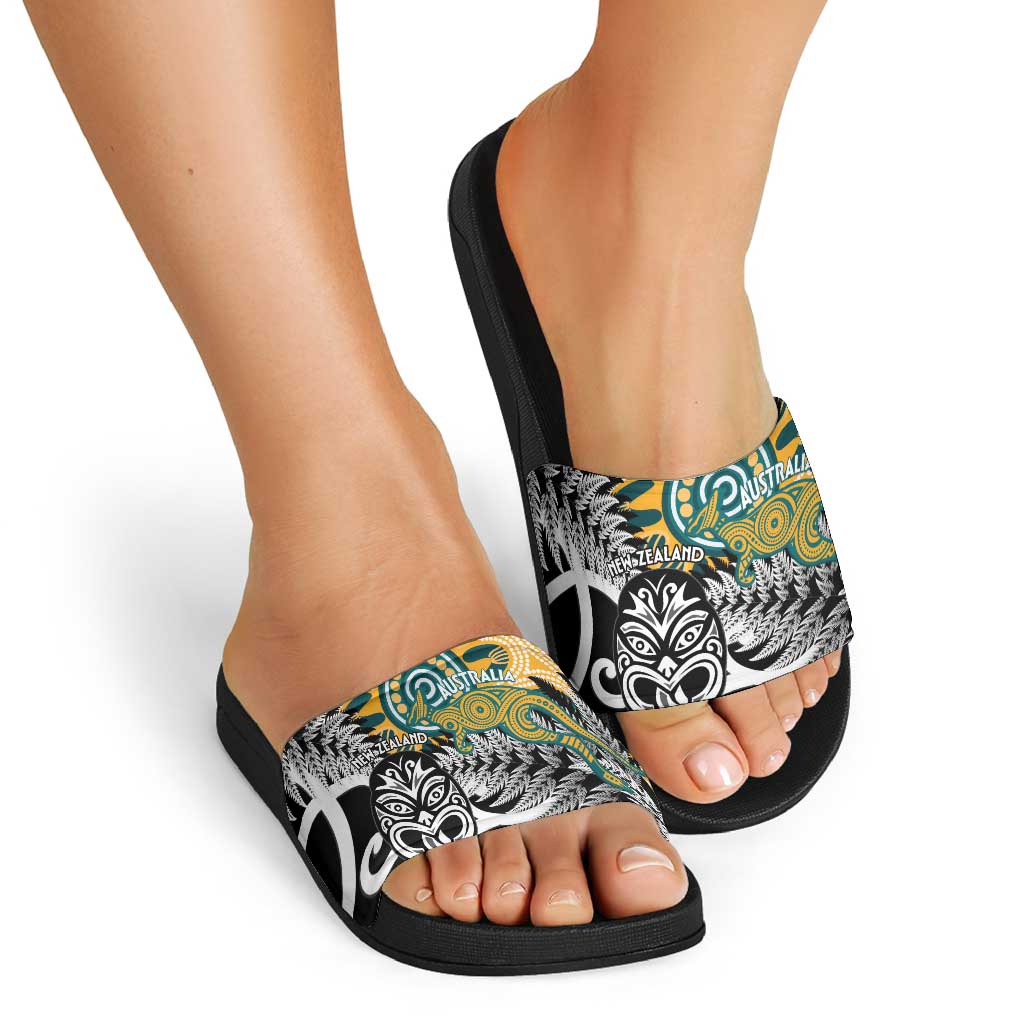 New Zealand Australia Rugby Slide Sandals Wallabies Aboriginal All Black Maori Tiki Together - Aussie Hoodie