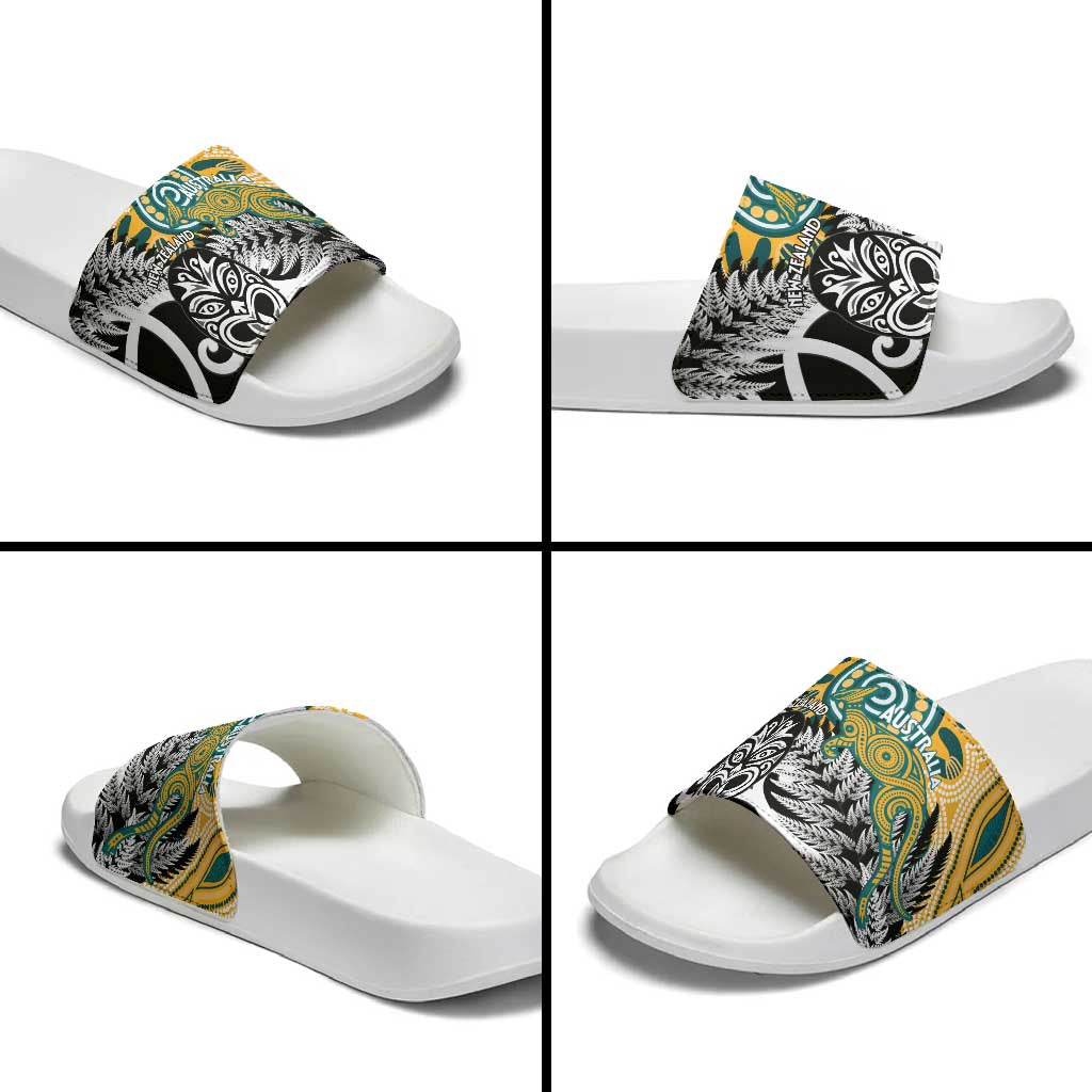 New Zealand Australia Rugby Slide Sandals Wallabies Aboriginal All Black Maori Tiki Together - Aussie Hoodie
