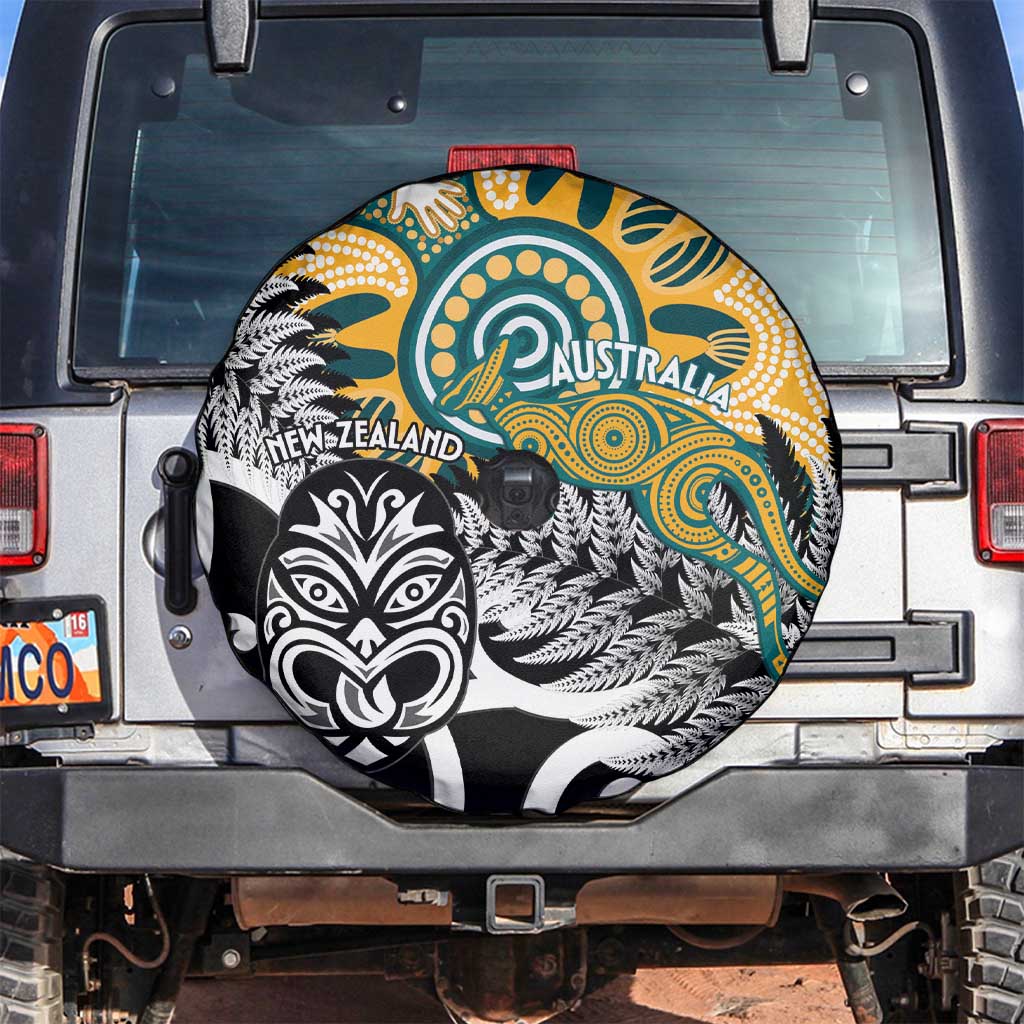New Zealand Australia Rugby Spare Tire Cover Wallabies Aboriginal All Black Maori Tiki Together - Aussie Hoodie