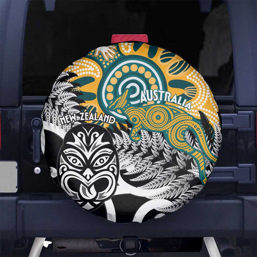 New Zealand Australia Rugby Spare Tire Cover Wallabies Aboriginal All Black Maori Tiki Together - Aussie Hoodie