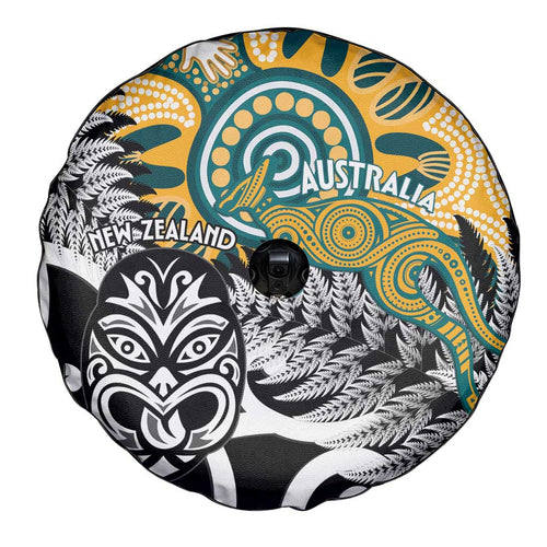 New Zealand Australia Rugby Spare Tire Cover Wallabies Aboriginal All Black Maori Tiki Together - Aussie Hoodie