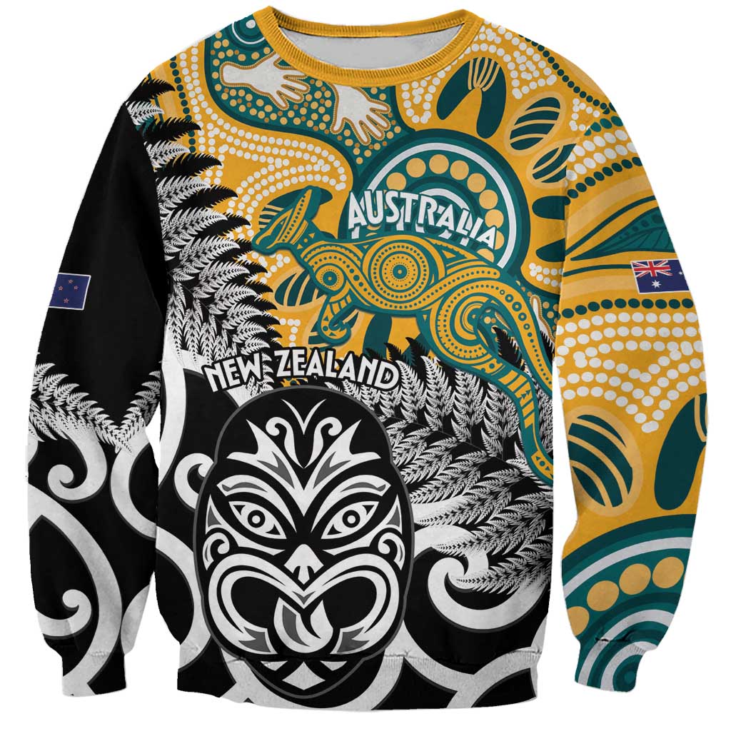 New Zealand Australia Rugby Custom Sweatshirt Wallabies Aboriginal All Black Maori Tiki Together - Aussie Hoodie