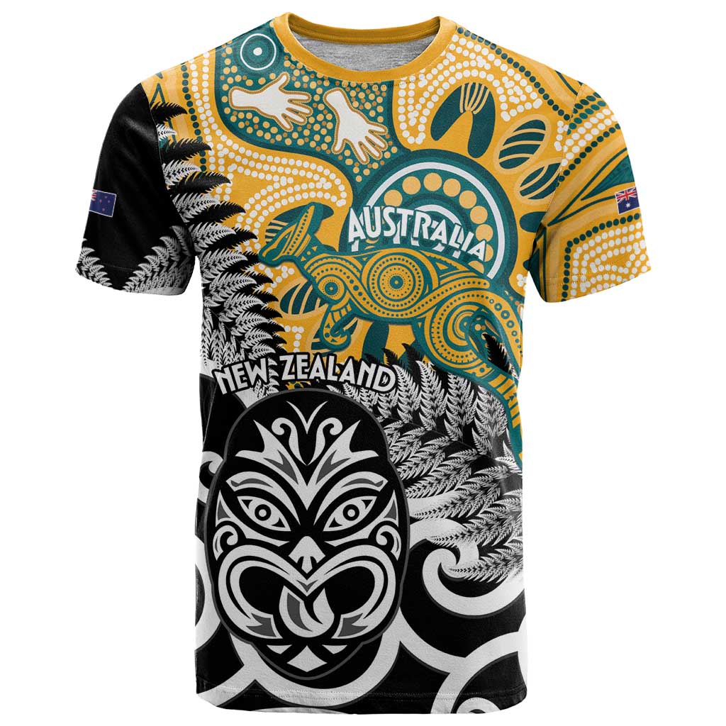 New Zealand Australia Rugby Custom T Shirt Wallabies Aboriginal All Black Maori Tiki Together - Aussie Hoodie