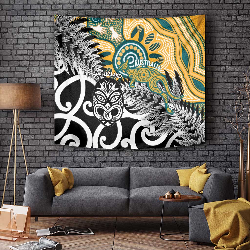 New Zealand Australia Rugby Tapestry Wallabies Aboriginal All Black Maori Tiki Together - Aussie Hoodie