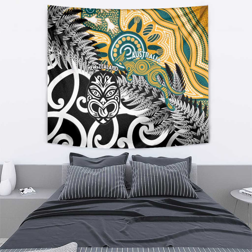 New Zealand Australia Rugby Tapestry Wallabies Aboriginal All Black Maori Tiki Together - Aussie Hoodie