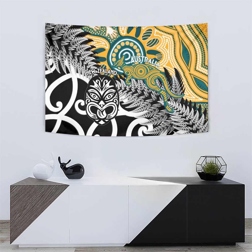 New Zealand Australia Rugby Tapestry Wallabies Aboriginal All Black Maori Tiki Together - Aussie Hoodie