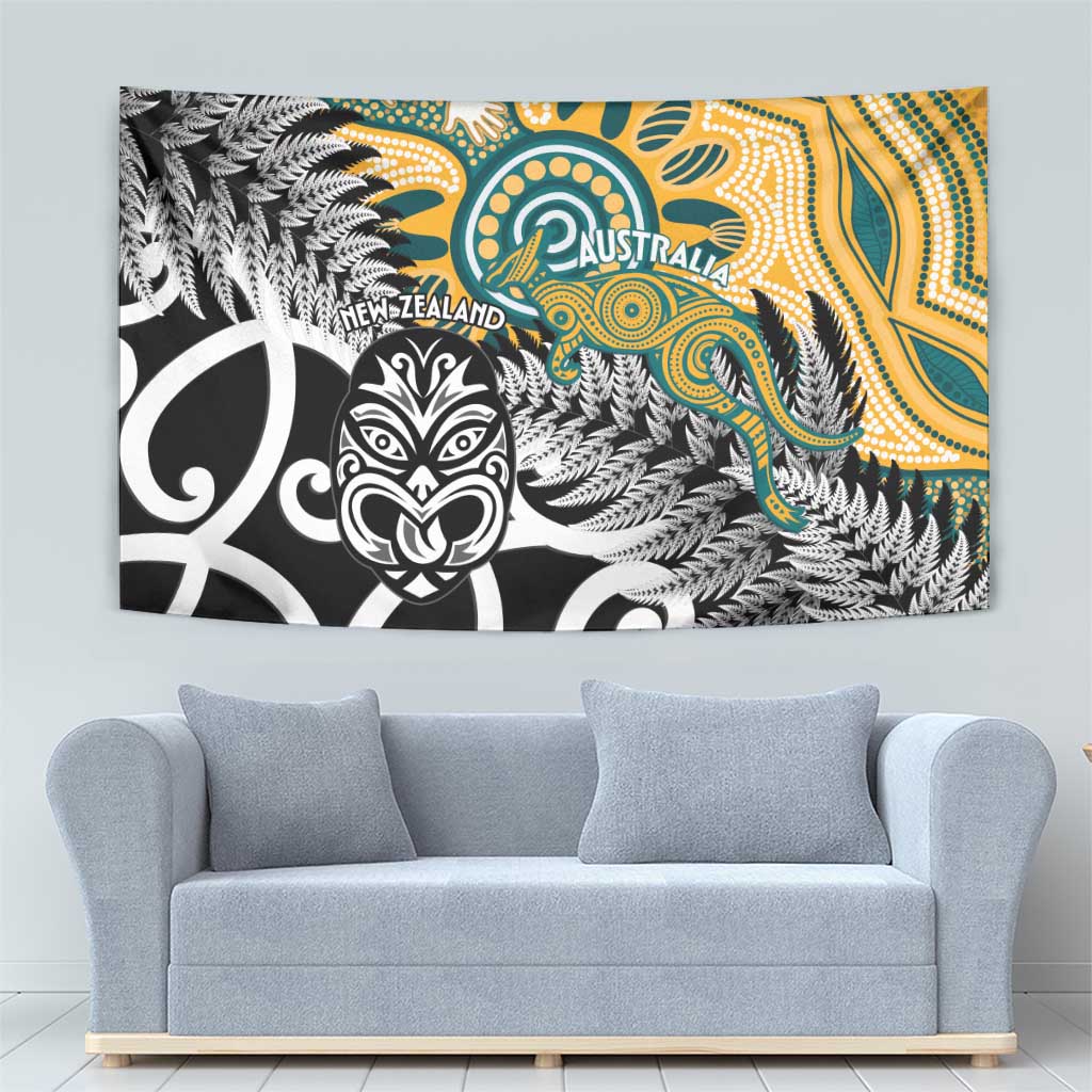 New Zealand Australia Rugby Tapestry Wallabies Aboriginal All Black Maori Tiki Together - Aussie Hoodie