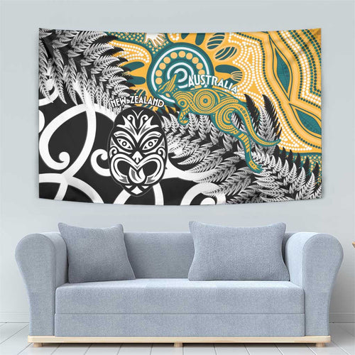 New Zealand Australia Rugby Tapestry Wallabies Aboriginal All Black Maori Tiki Together - Aussie Hoodie