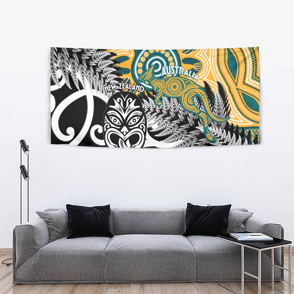 New Zealand Australia Rugby Tapestry Wallabies Aboriginal All Black Maori Tiki Together - Aussie Hoodie
