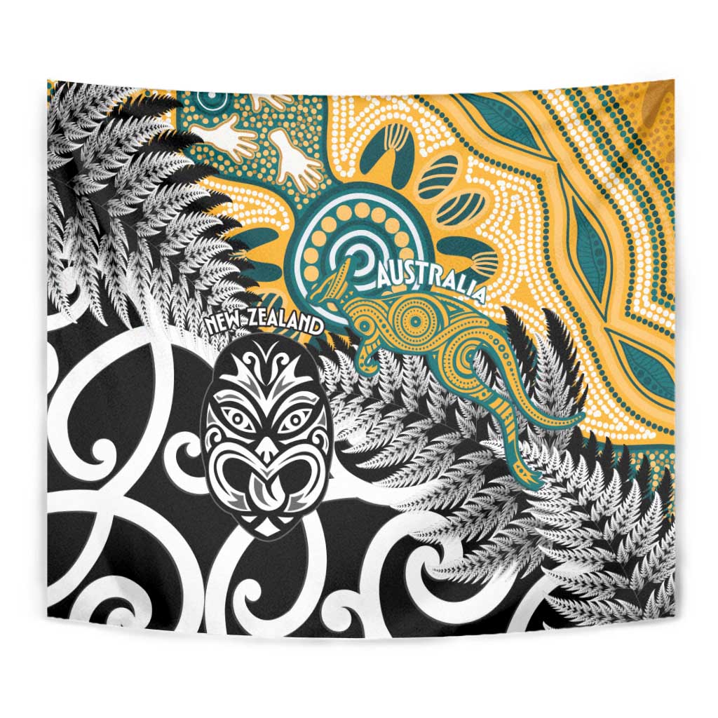New Zealand Australia Rugby Tapestry Wallabies Aboriginal All Black Maori Tiki Together - Aussie Hoodie