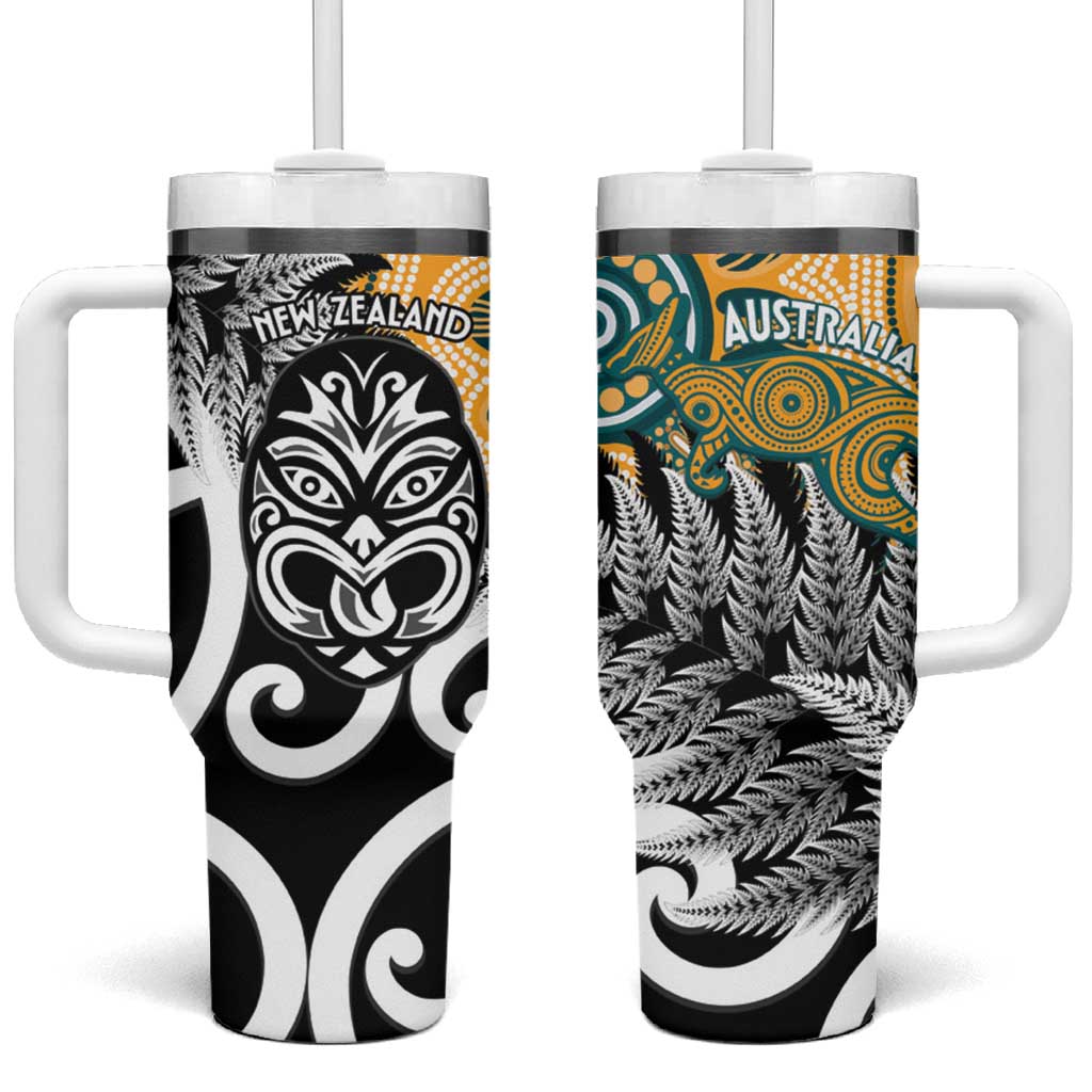 New Zealand Australia Rugby Tumbler With Handle Wallabies Aboriginal All Black Maori Tiki Together - Aussie Hoodie