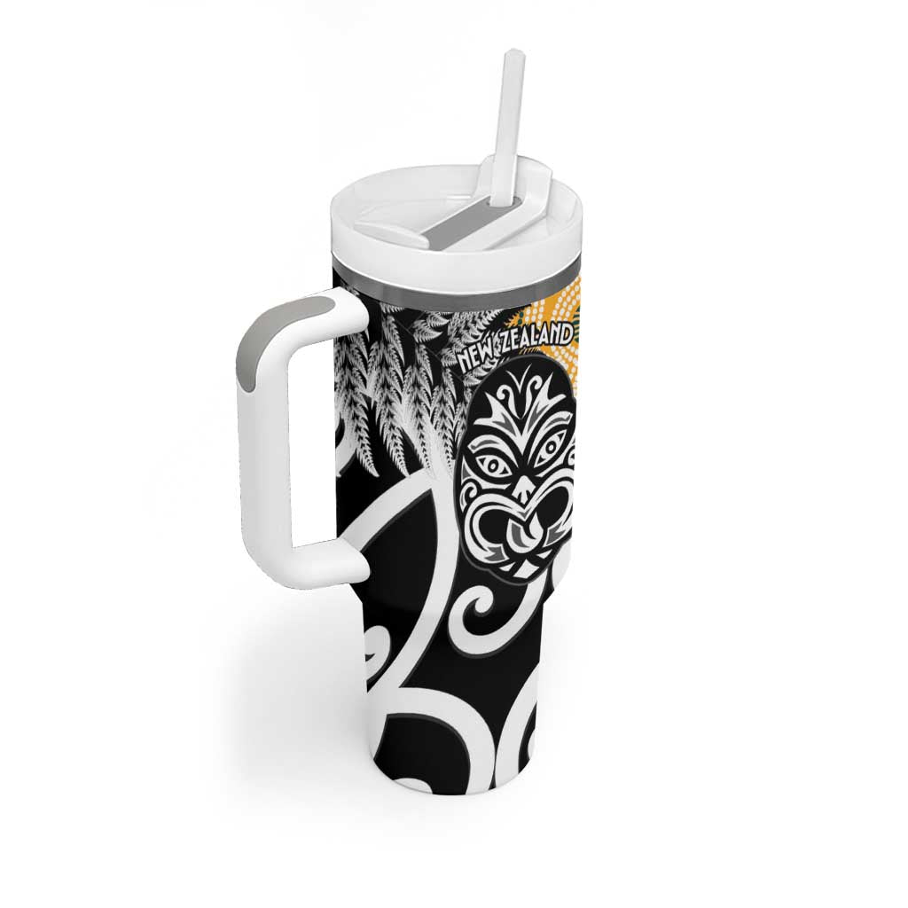 New Zealand Australia Rugby Tumbler With Handle Wallabies Aboriginal All Black Maori Tiki Together - Aussie Hoodie