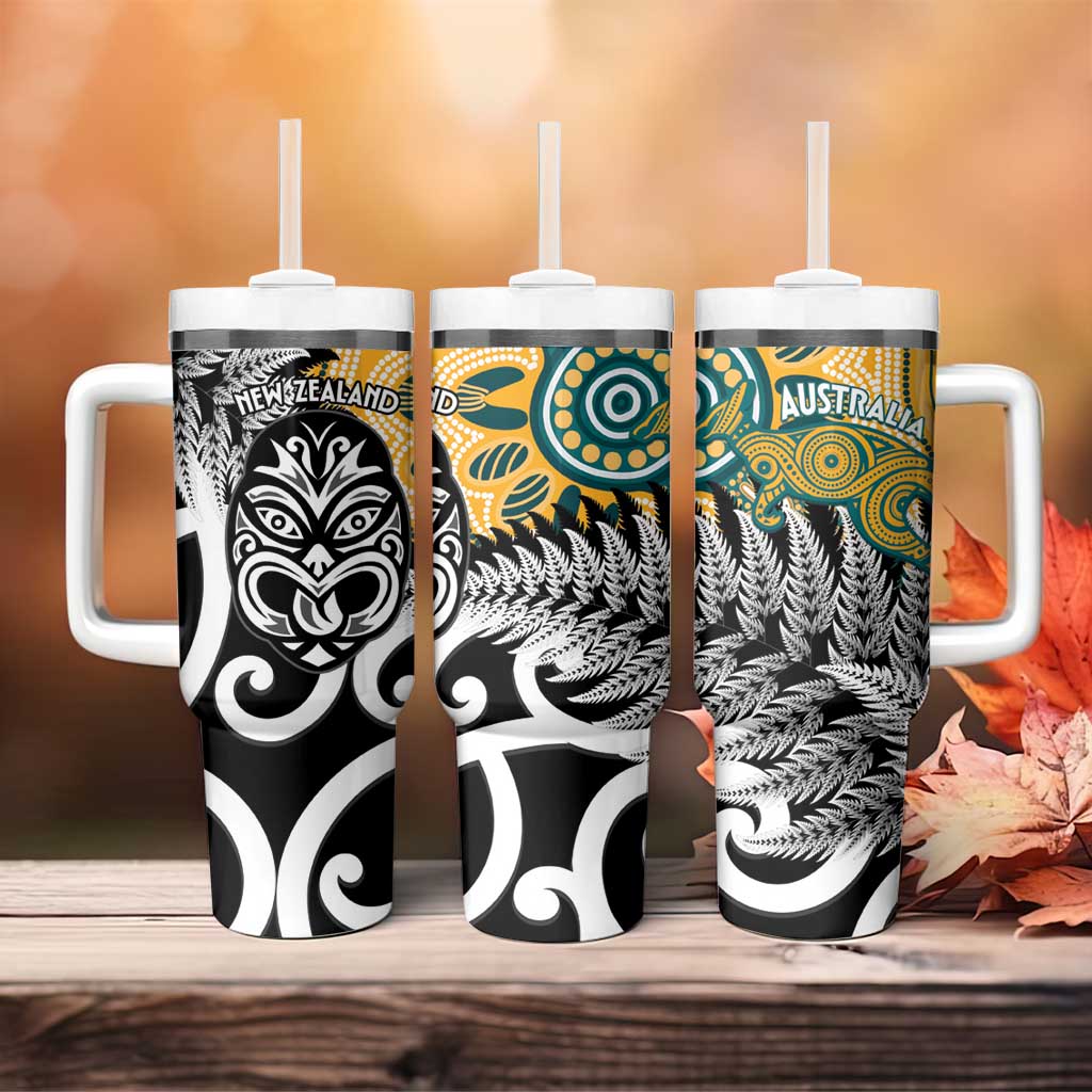 New Zealand Australia Rugby Tumbler With Handle Wallabies Aboriginal All Black Maori Tiki Together - Aussie Hoodie