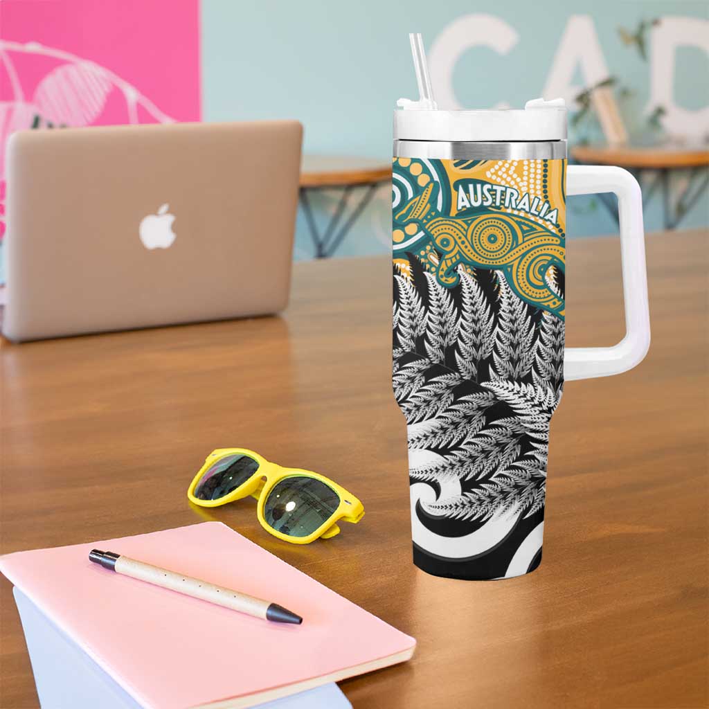New Zealand Australia Rugby Tumbler With Handle Wallabies Aboriginal All Black Maori Tiki Together - Aussie Hoodie